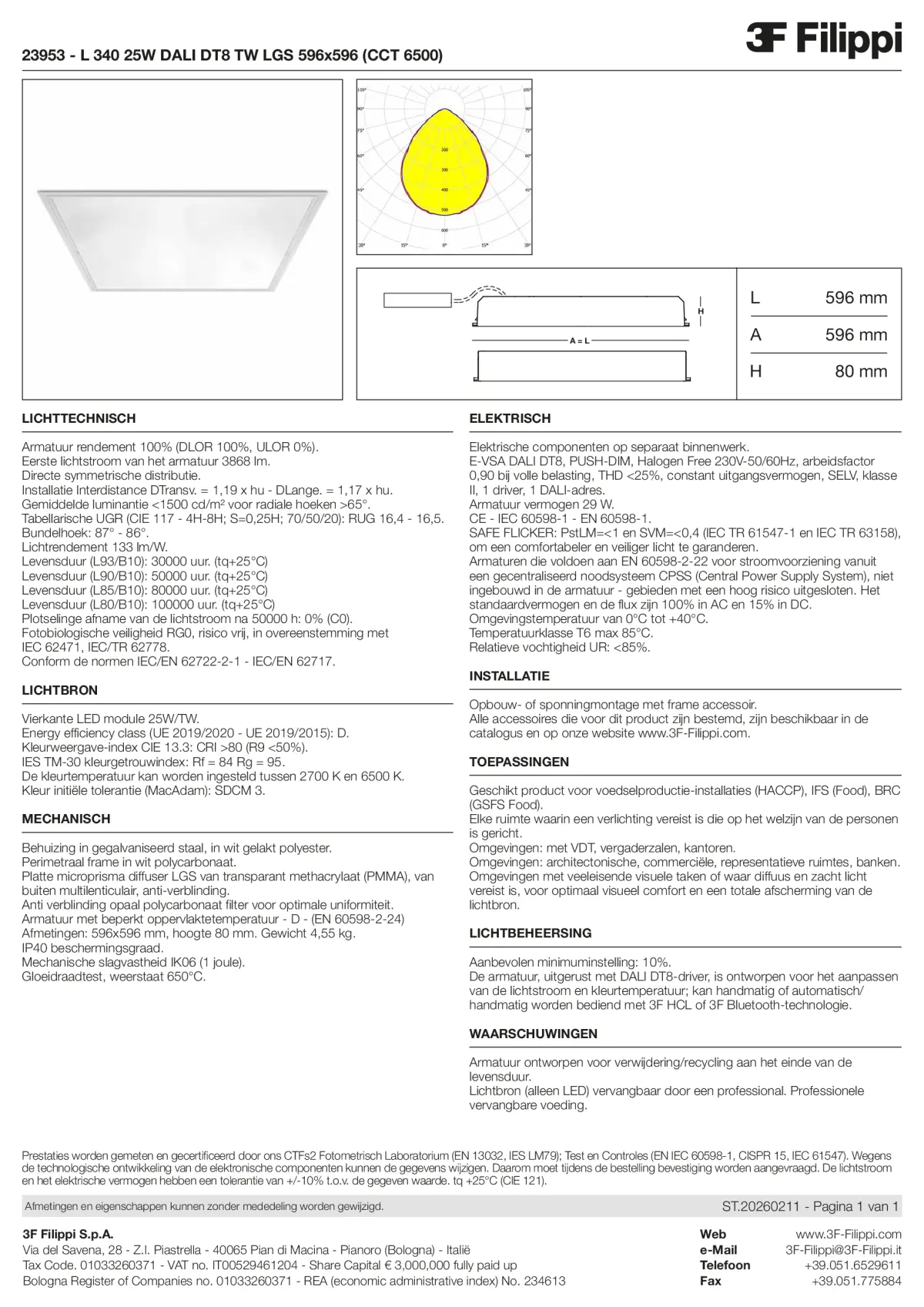 23953 - L 340 25W DALI DT8 TW LGS 596x596 (CCT 6500) - Datasheet - nl