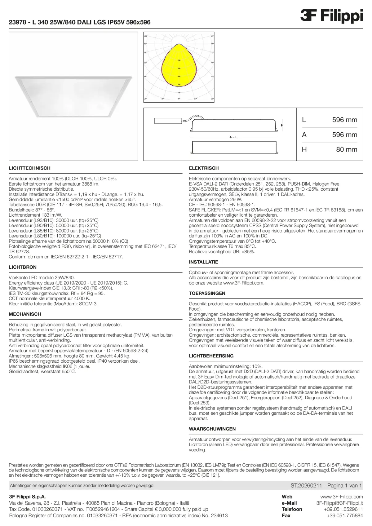 23978 - L 340 25W-840 DALI LGS IP65V 596x596 - Datasheet - nl