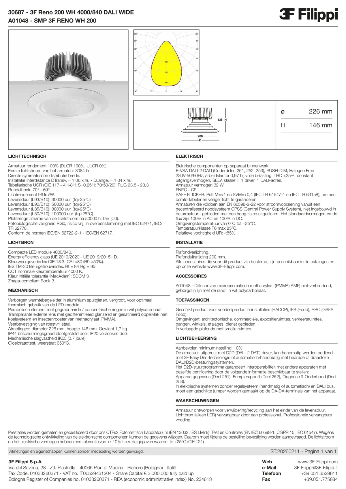 30687+A01048 - 3F Reno 200 WH 4000-840 DALI WIDE + SMP WH - Datasheet - nl