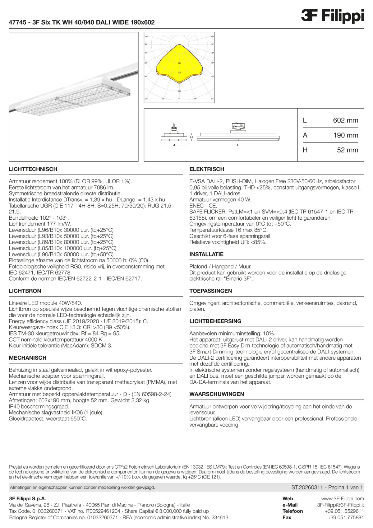 47745 - 3F Six TK WH 40-840 DALI WIDE 190x602 - Datasheet - nl