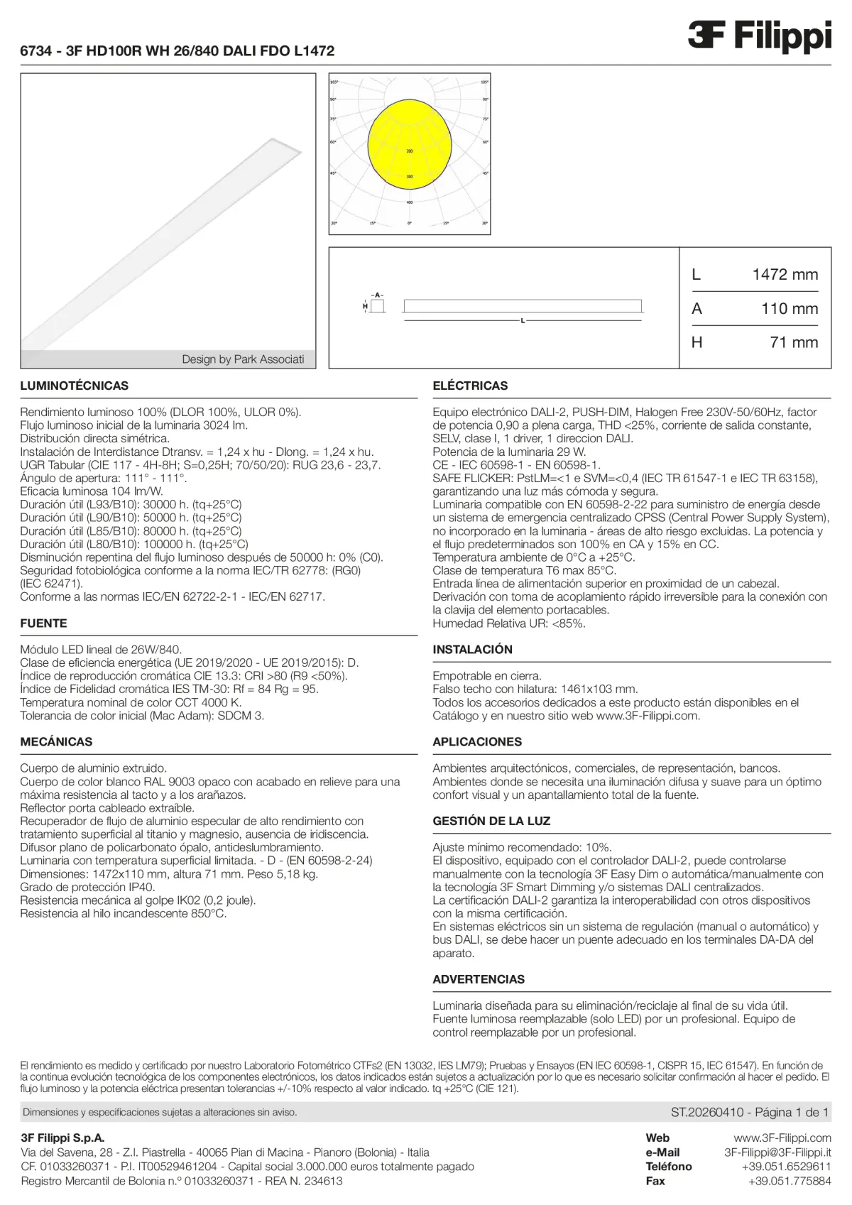 6734 - 3F HD100R WH 26-840 DALI FDO L1472 - Datasheet - es