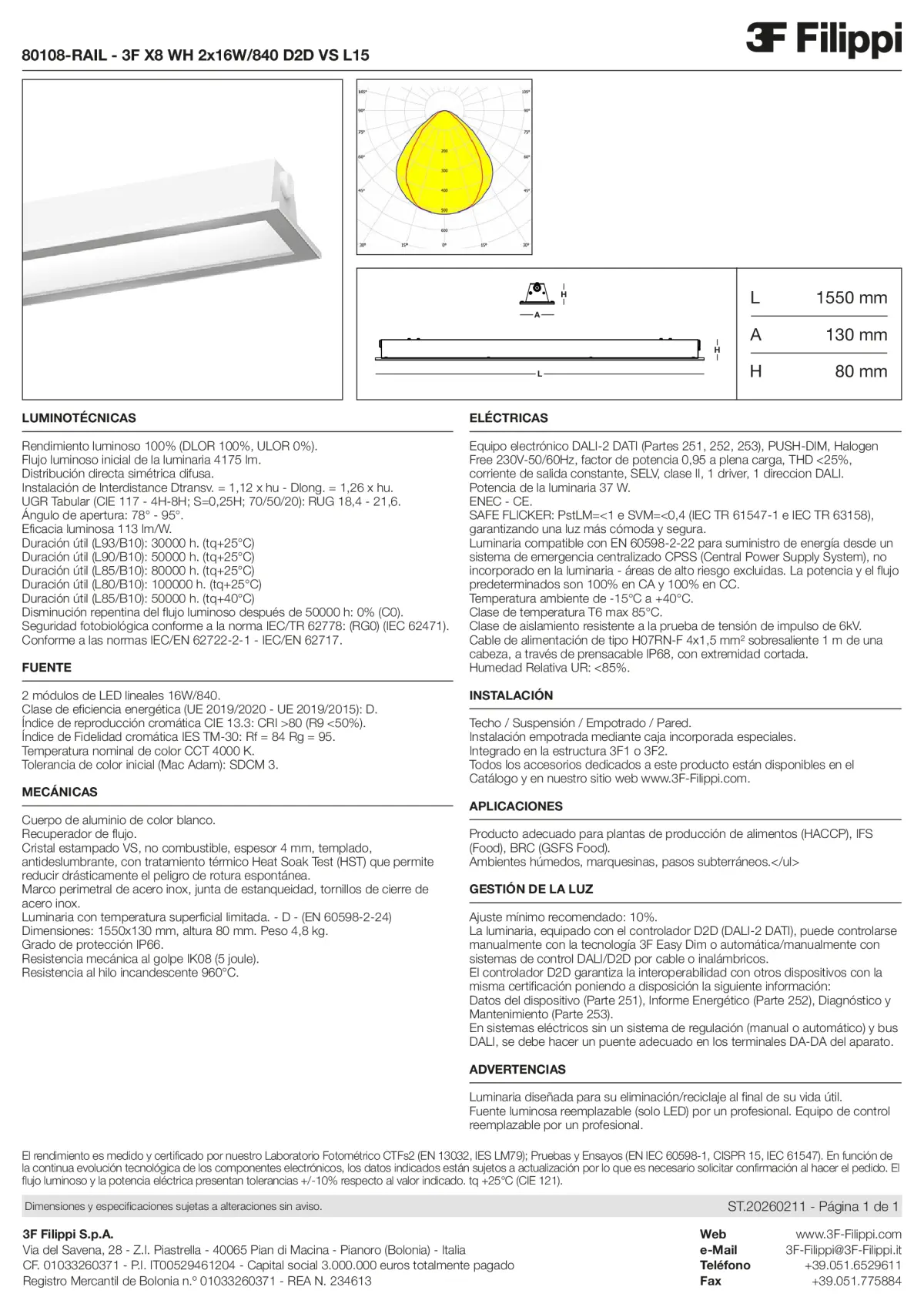 80108-RAIL - 3F X8 WH 2x16W-840 D2D VS L15 - Datasheet - es