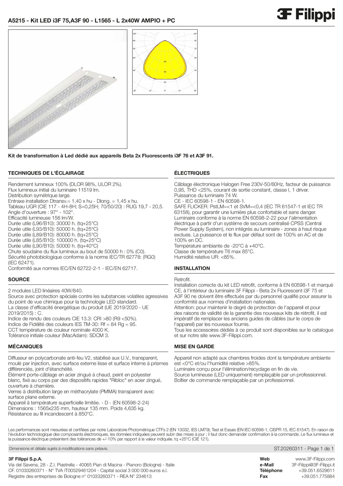 A5215 - Kit LED i3F 75,A3F 90 - L1565 - L 2x40W AMPIO + PC - Datasheet - fr