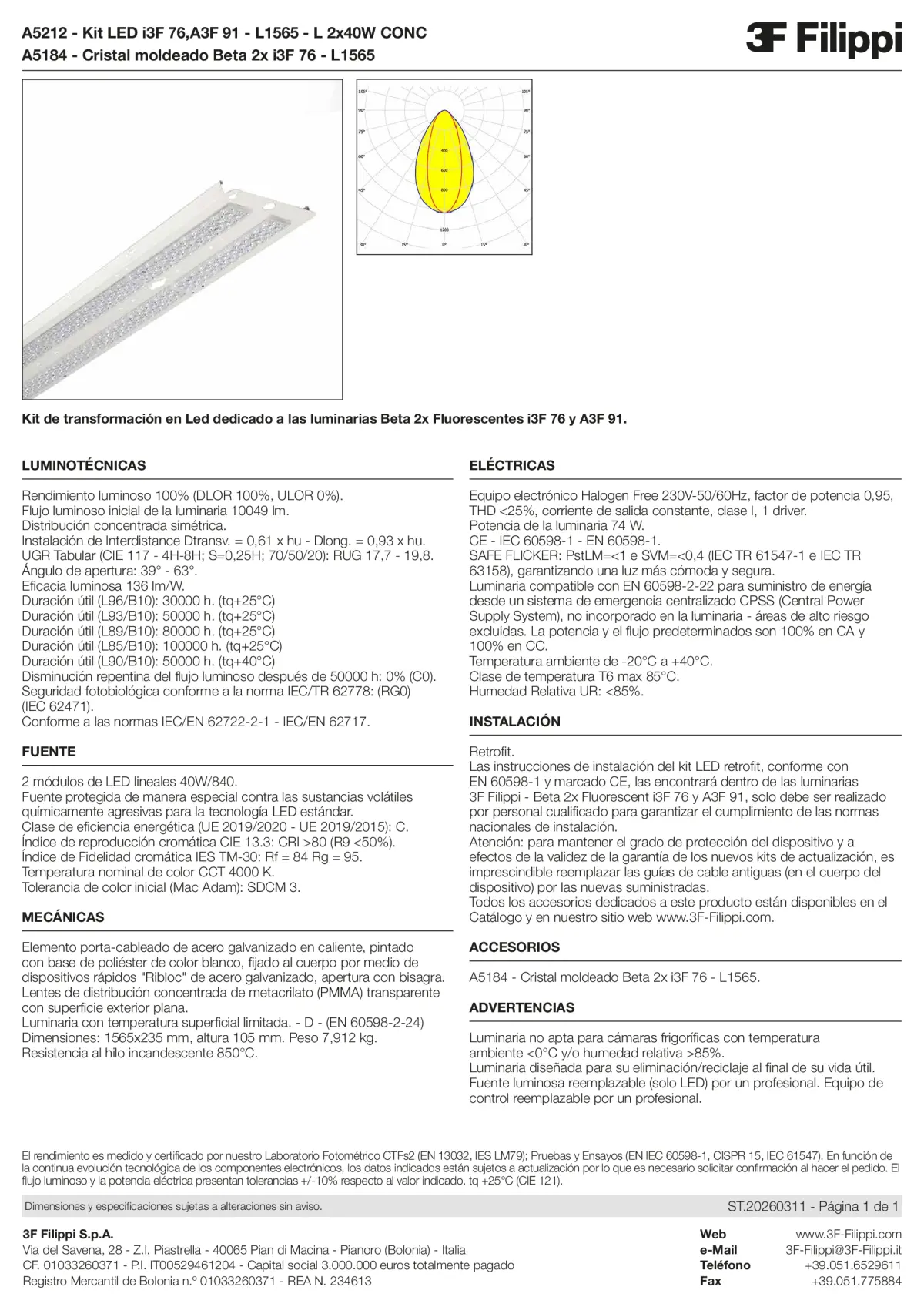 A5212+A5184 - Kit LED i3F 76,A3F 91 - L1565 - L 2x40W CONC + VS - Datasheet - es