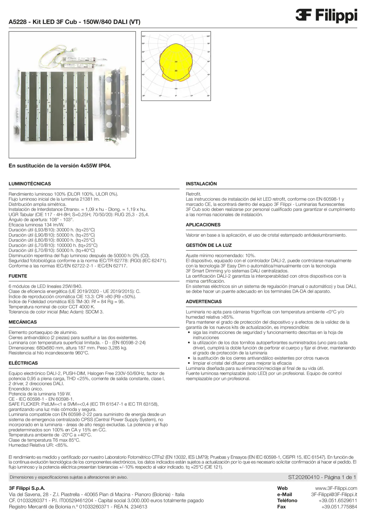 A5228 - Kit LED 3F Cub - 150W-840 DALI (VT) - Datasheet - es