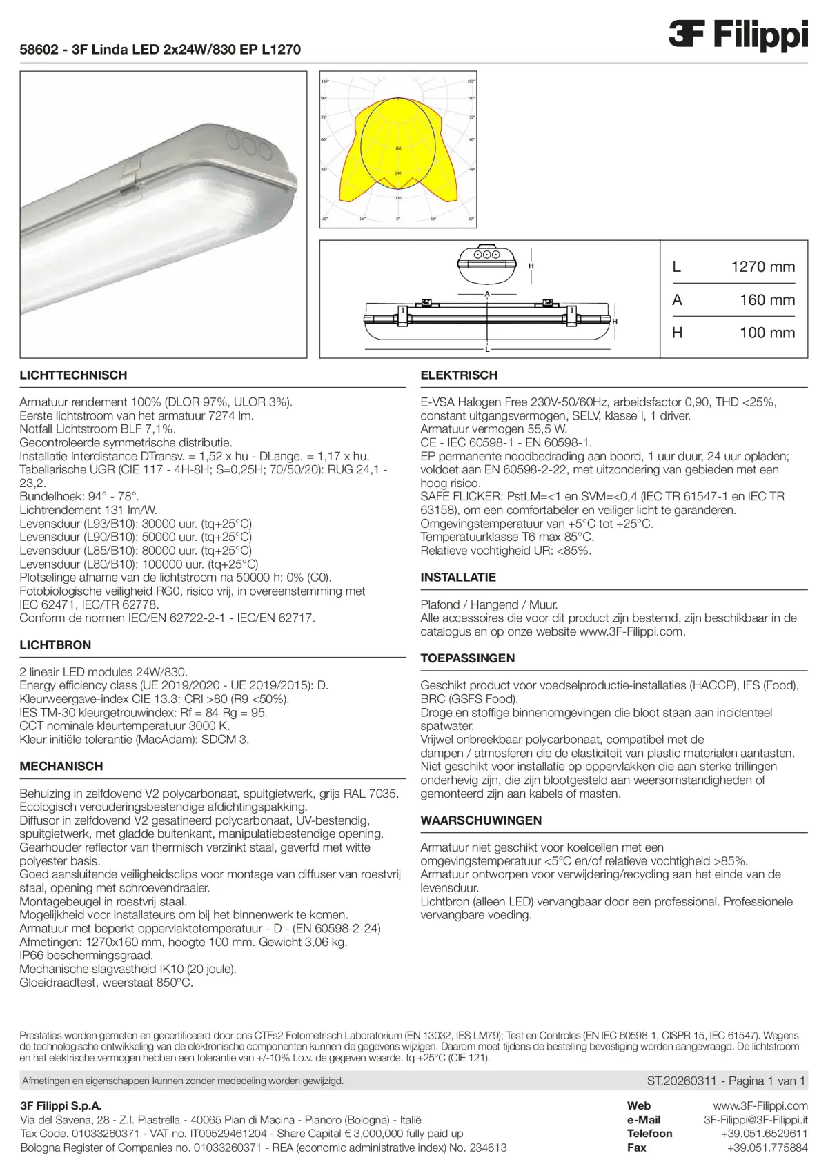58602 - 3F Linda LED 2x24W-830 EP L1270 - Datasheet - nl