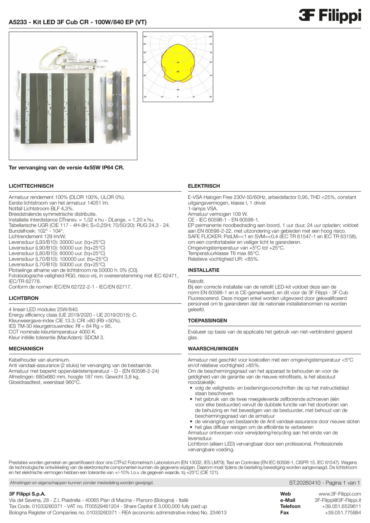 A5233 - Kit LED 3F Cub CR - 100W-840 EP (VT) - Datasheet - nl