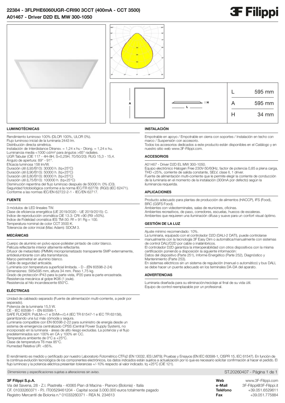 22384+A01467 - 3FLPHE6060UGR-CRI90 3CCT (400mA - CCT 3500) + D2D EL MW 300-1050 - Datasheet - es
