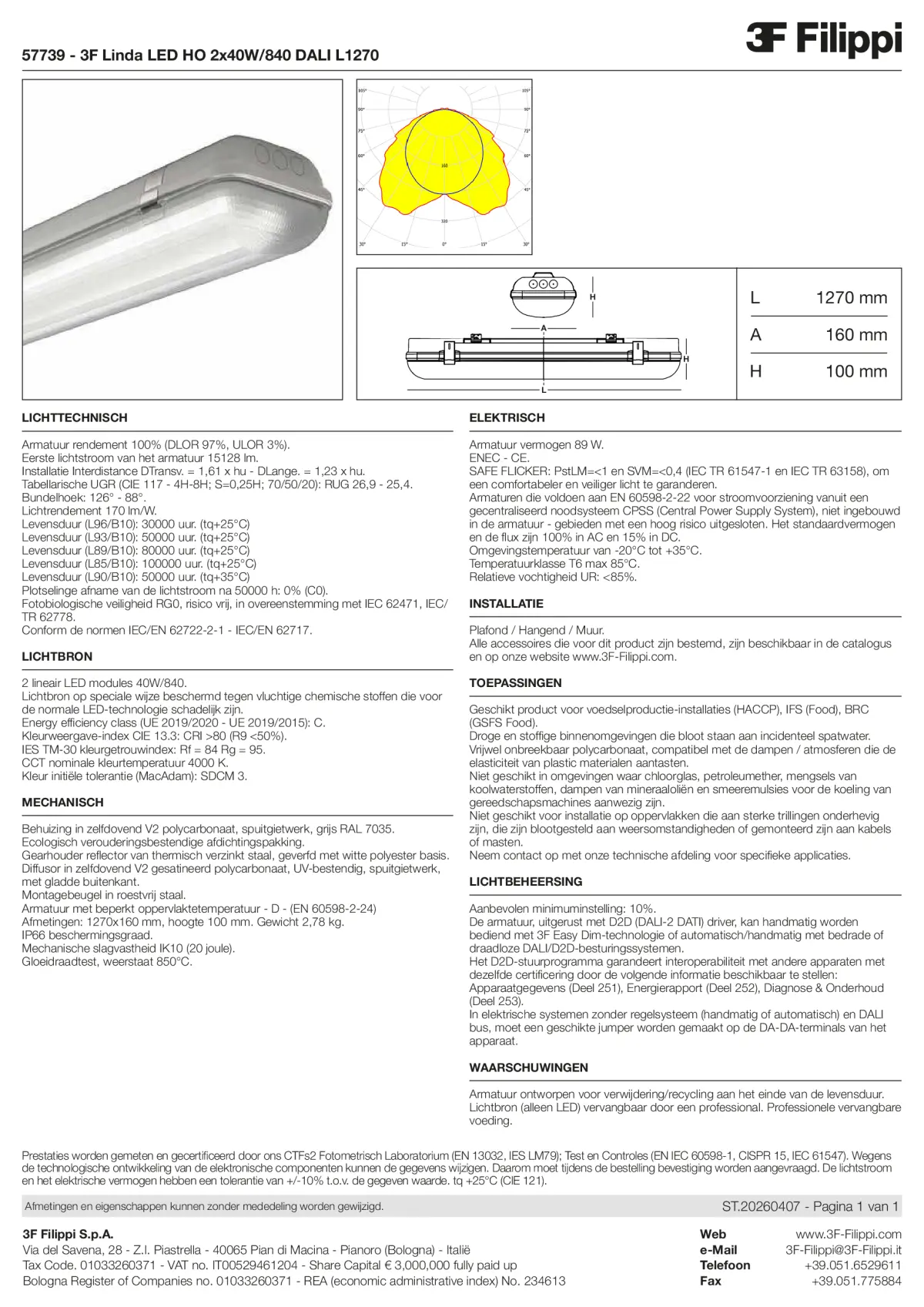 57739 - 3F Linda LED HO 2x40W-840 DALI L1270 - Datasheet - nl