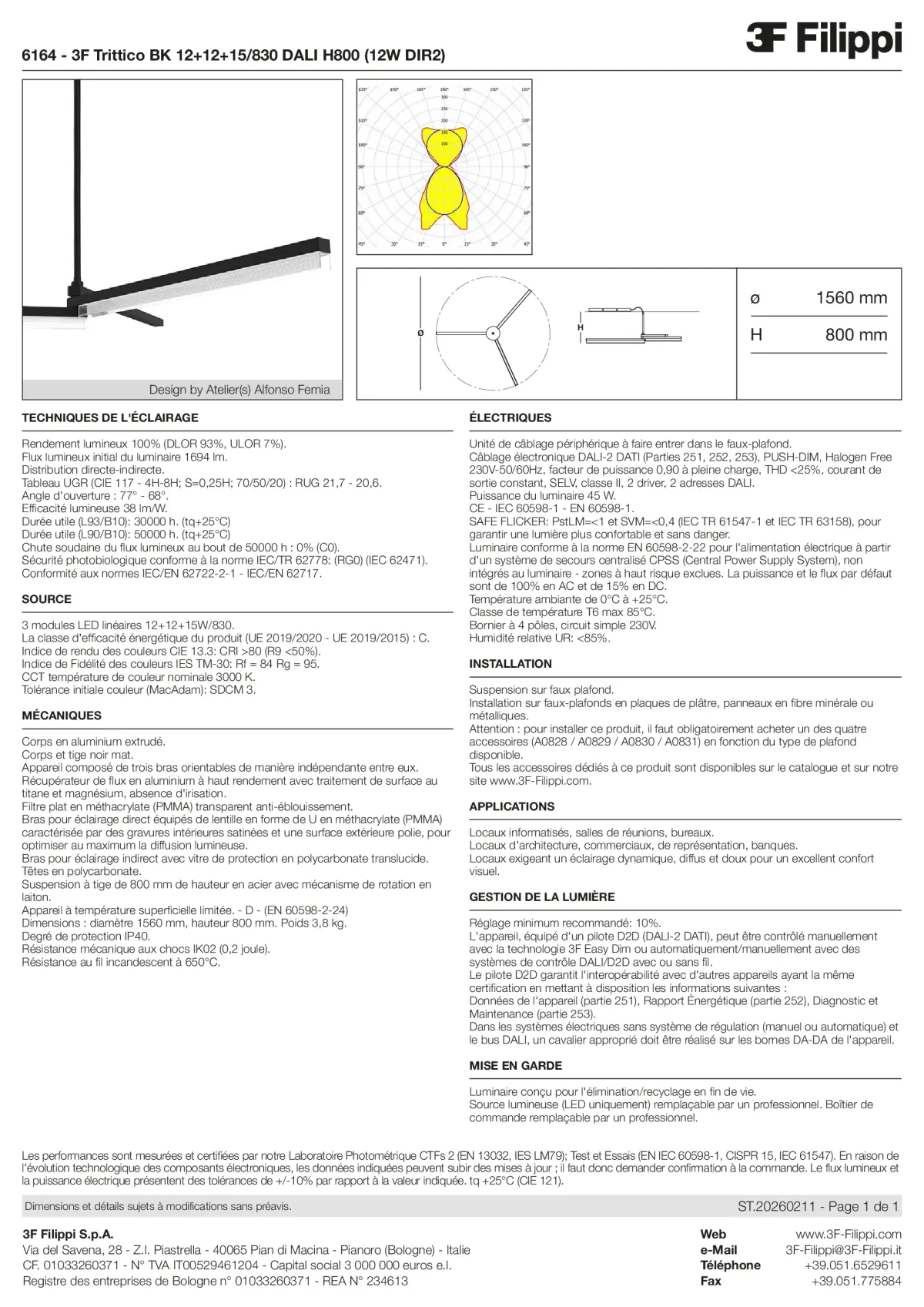 6164 - 3F Trittico BK 12+12+15-830 DALI H800 (12W DIR2) - Datasheet - fr