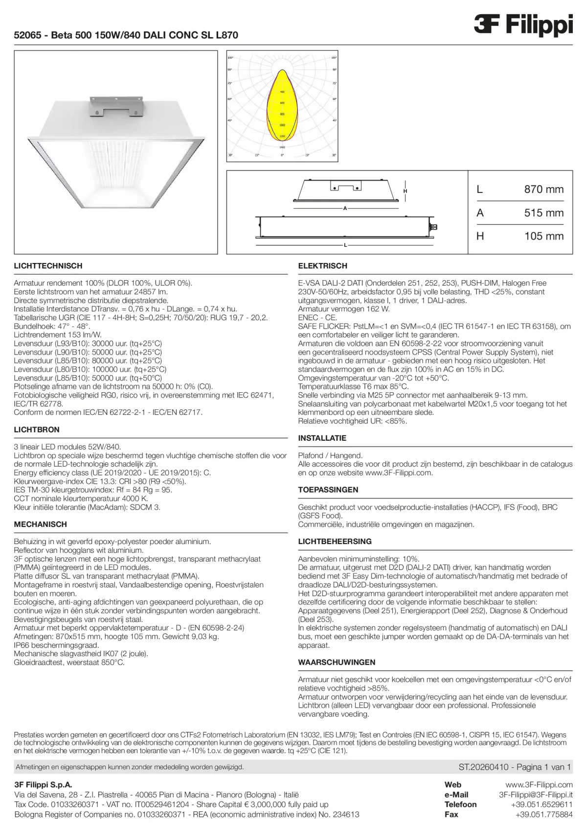 52065 - Beta 500 150W-840 DALI CONC SL L870 - Datasheet - nl