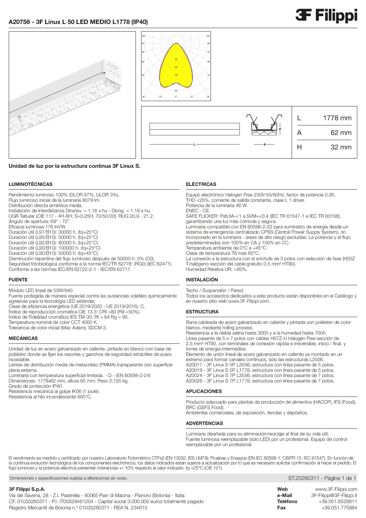 A20756 - 3F Linux L 50 LED MEDIO L1778 (IP40) - Datasheet - es