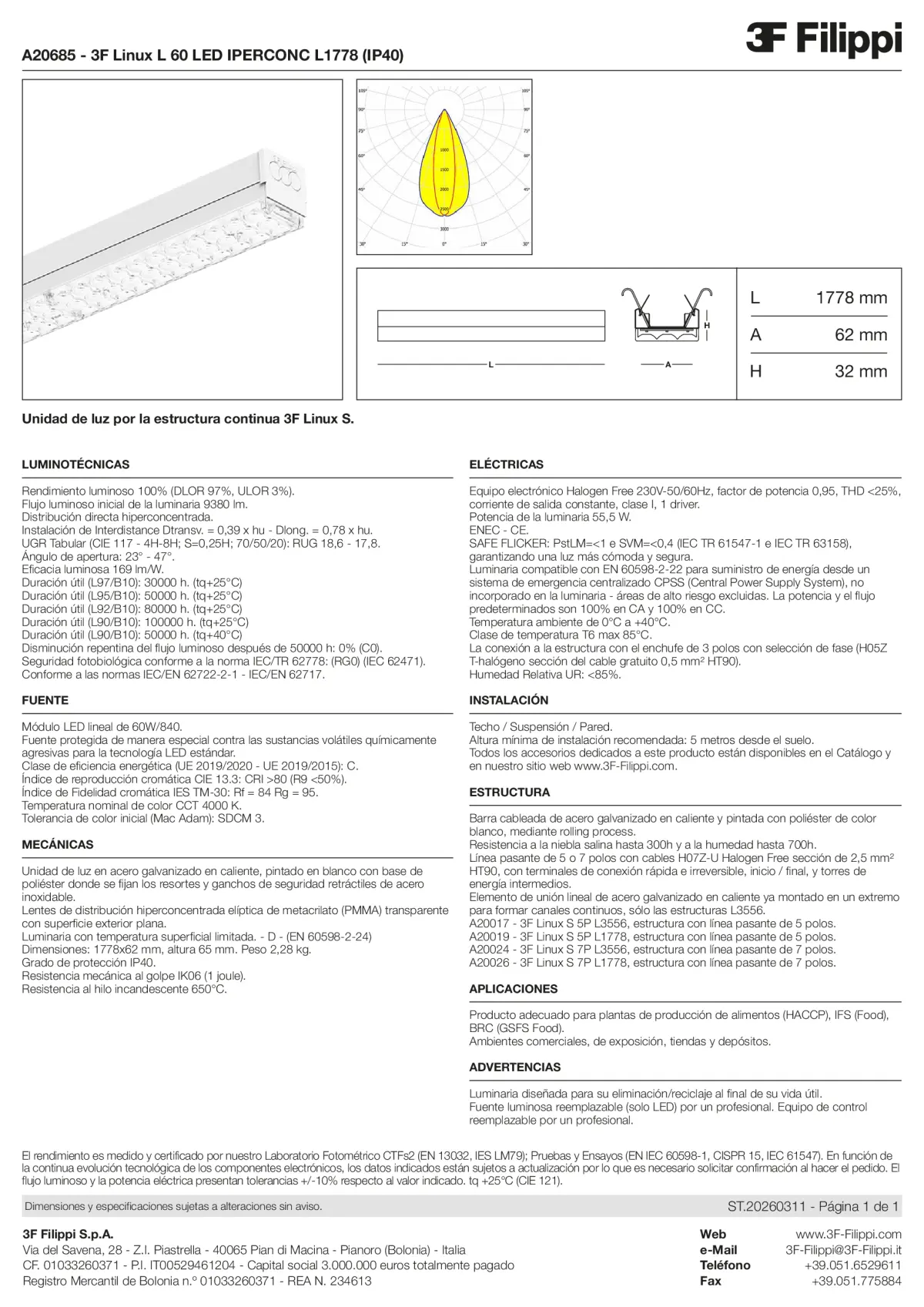 A20685 - 3F Linux L 60 LED IPERCONC L1778 (IP40) - Datasheet - es
