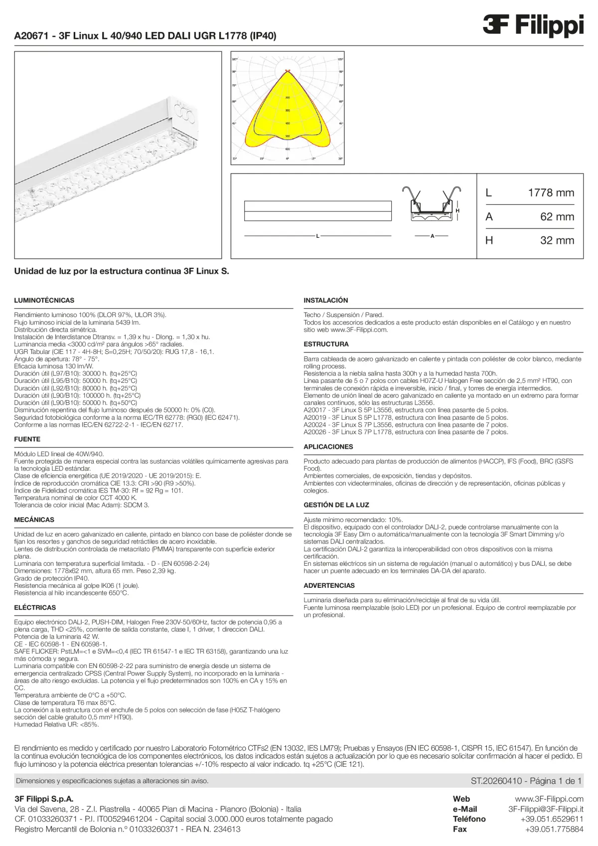 A20671 - 3F Linux L 40-940 LED DALI UGR L1778 (IP40) - Datasheet - es