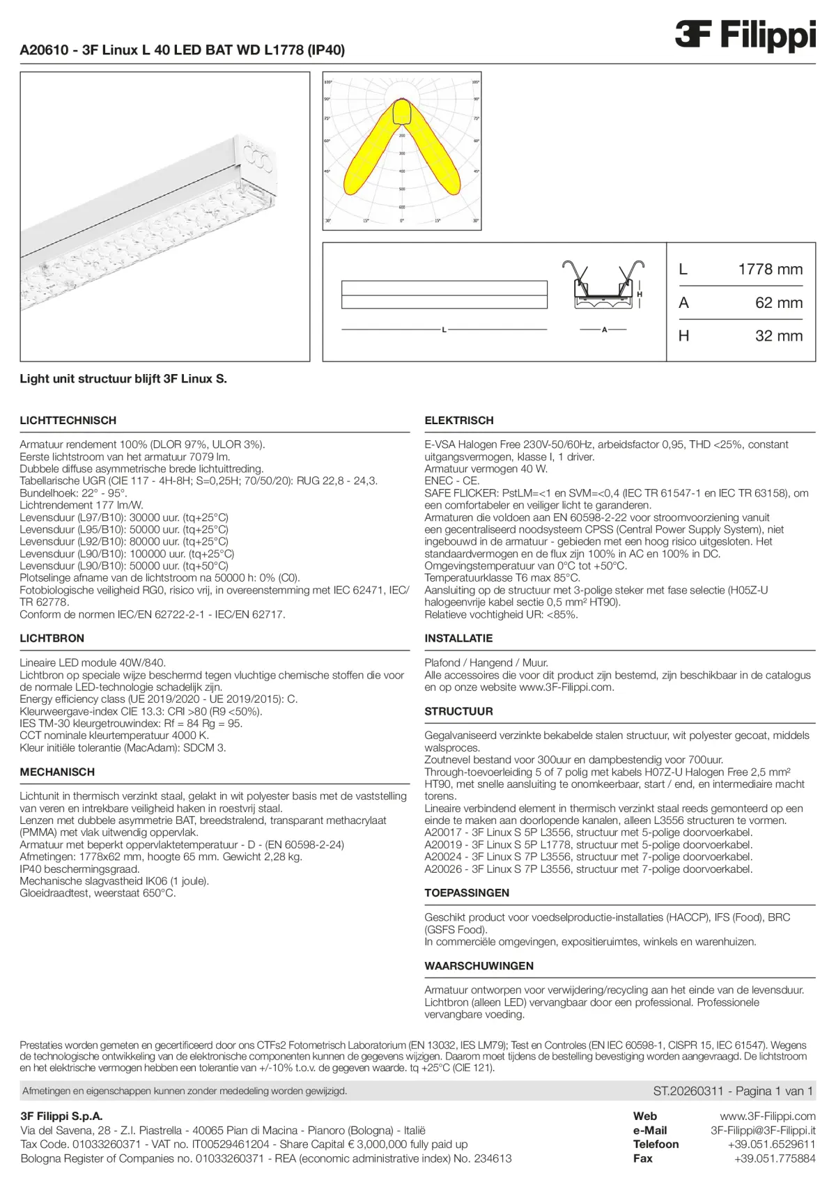 A20610 - 3F Linux L 40 LED BAT WD L1778 (IP40) - Datasheet - nl