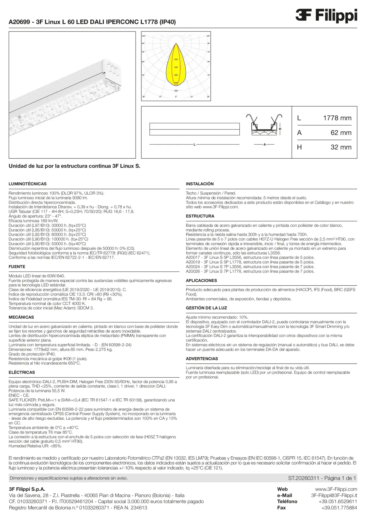 A20699 - 3F Linux L 60 LED DALI IPERCONC L1778 (IP40) - Datasheet - es