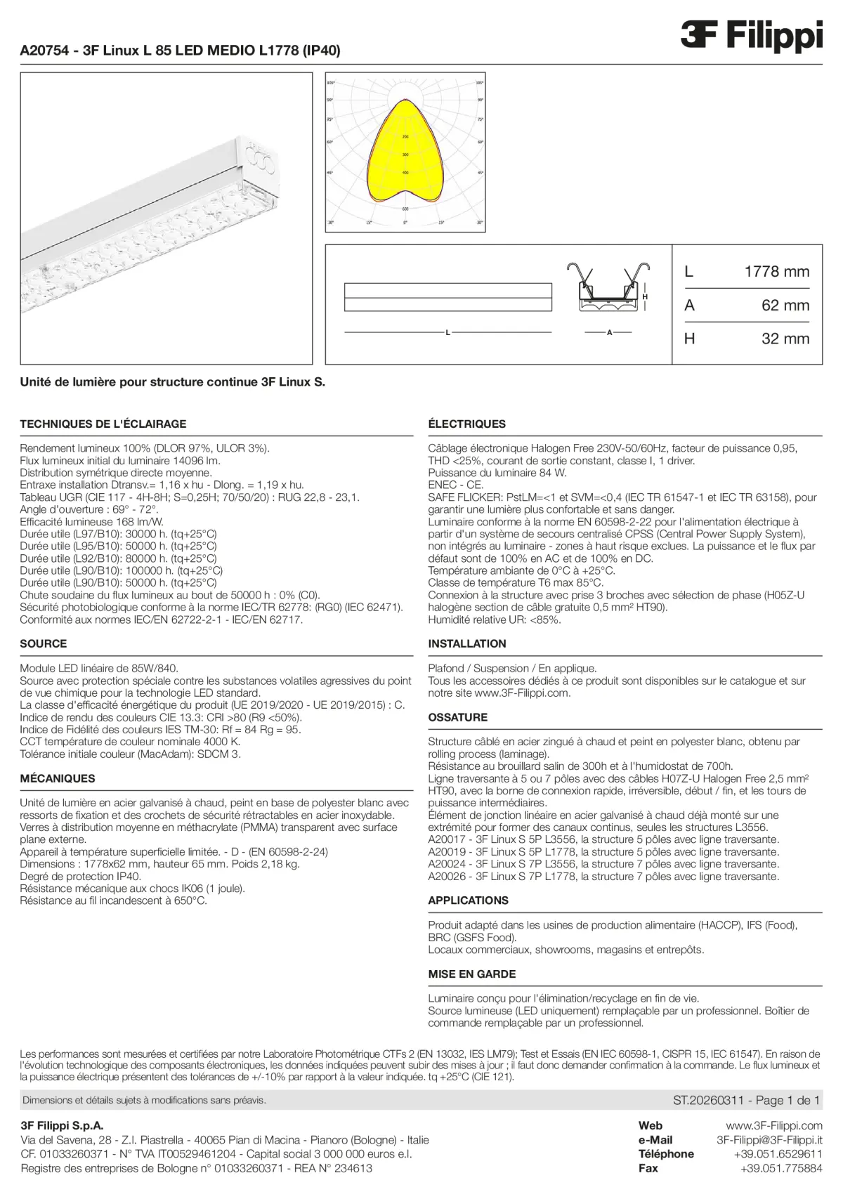 A20754 - 3F Linux L 85 LED MEDIO L1778 (IP40) - Datasheet - fr