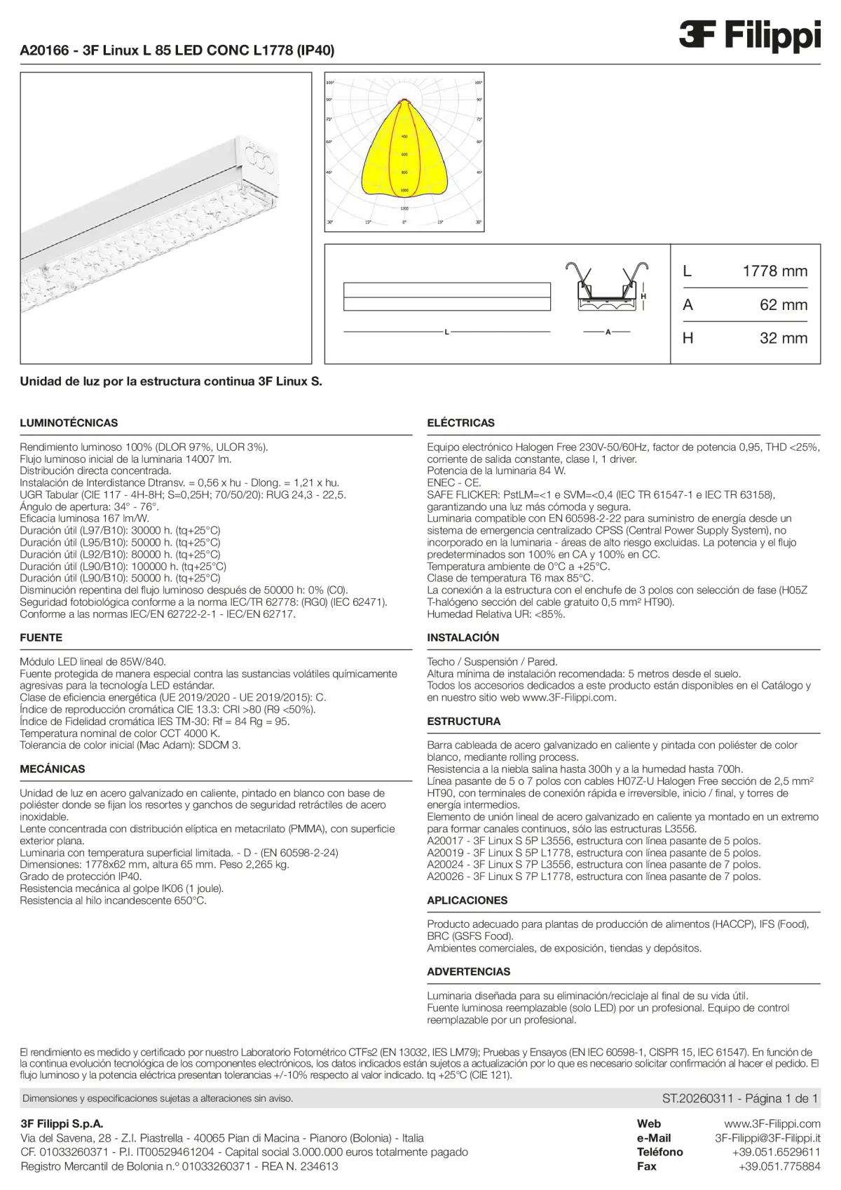 A20166 - 3F Linux L 85 LED CONC L1778 (IP40) - Datasheet - es
