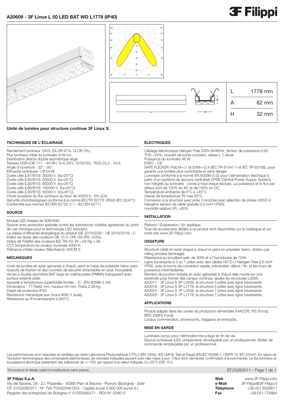 A20609 - 3F Linux L 50 LED BAT WD L1778 (IP40) - Datasheet - fr