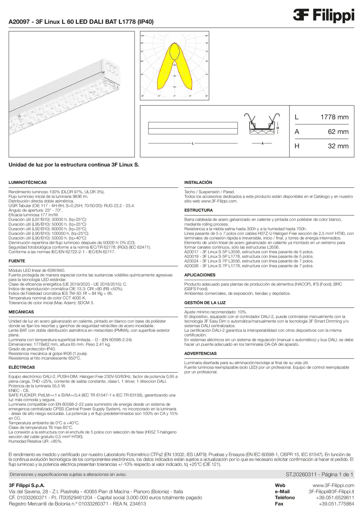 A20097 - 3F Linux L 60 LED DALI BAT L1778 (IP40) - Datasheet - es