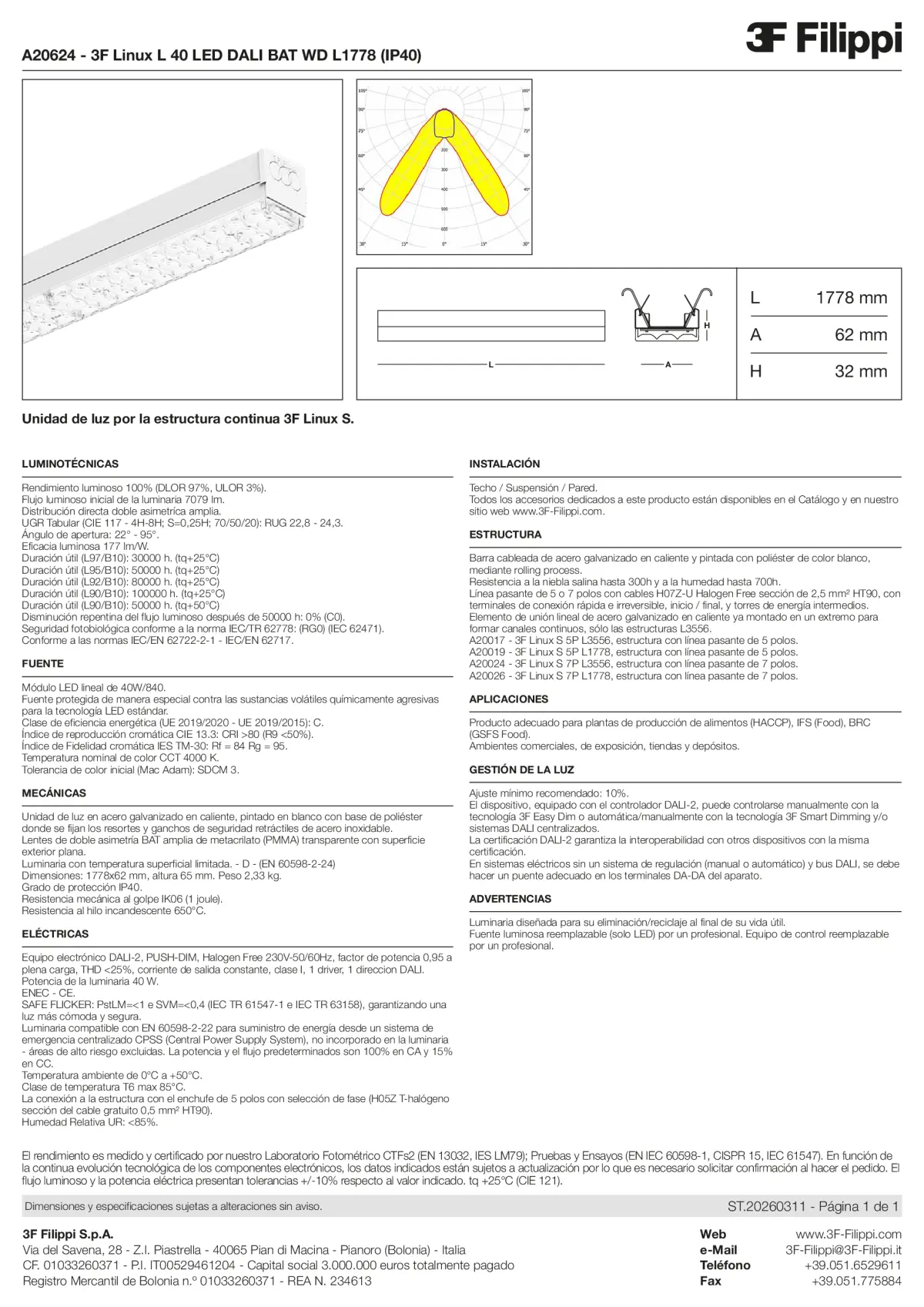 A20624 - 3F Linux L 40 LED DALI BAT WD L1778 (IP40) - Datasheet - es