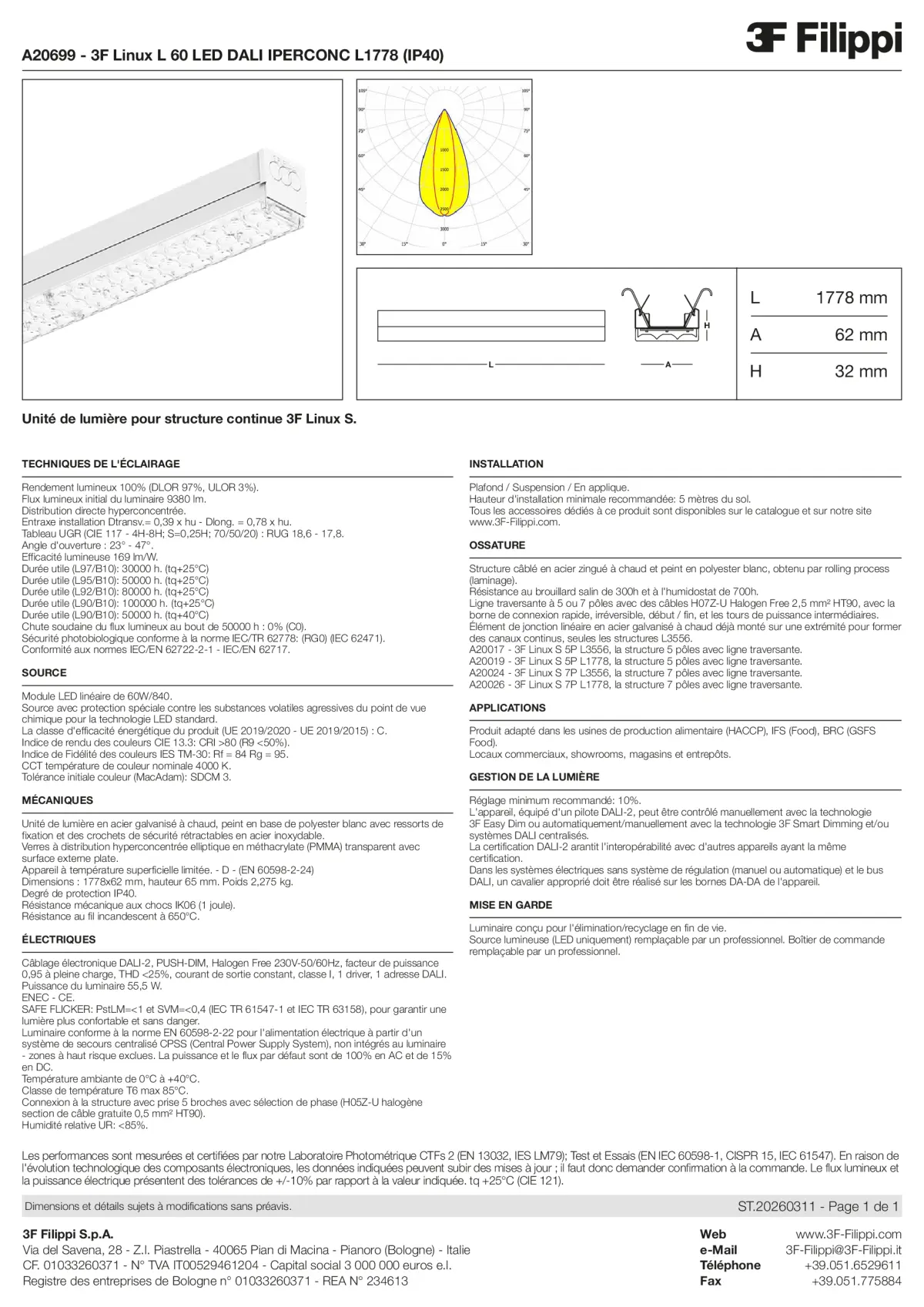 A20699 - 3F Linux L 60 LED DALI IPERCONC L1778 (IP40) - Datasheet - fr