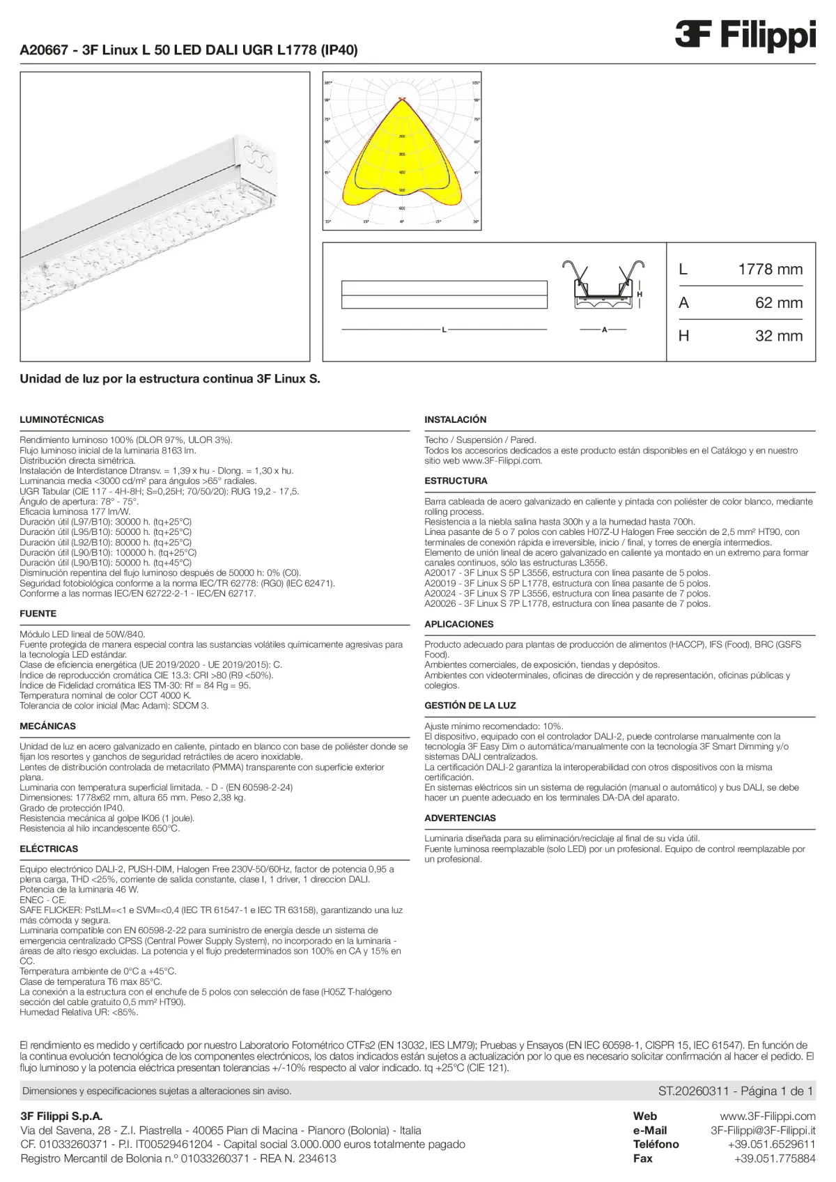A20667 - 3F Linux L 50 LED DALI UGR L1778 (IP40) - Datasheet - es